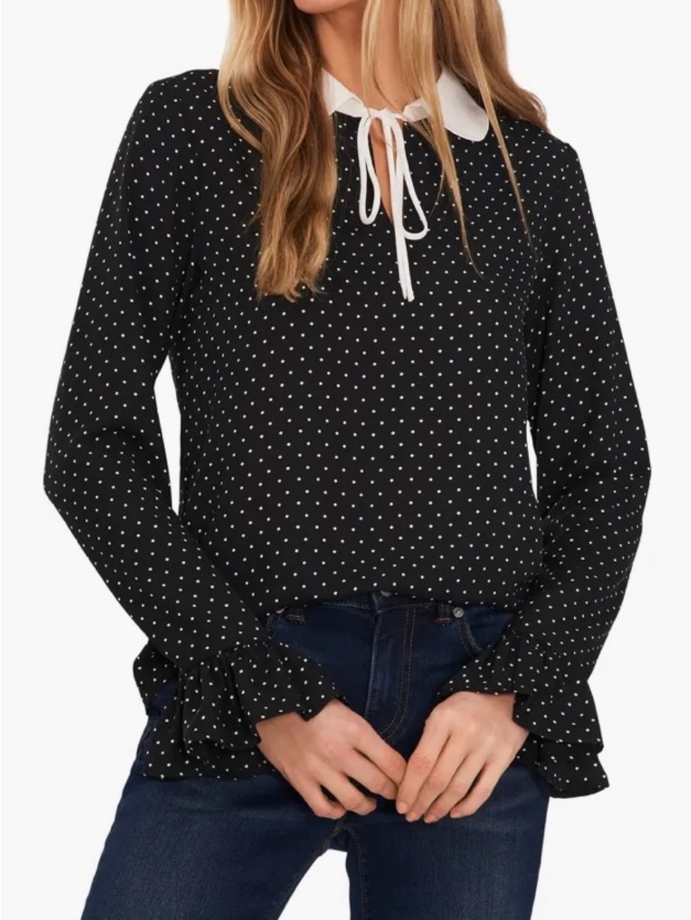 CeCe Black Polka Dot Long-Sleeve Blouse with White Peter Pan Tie Collar